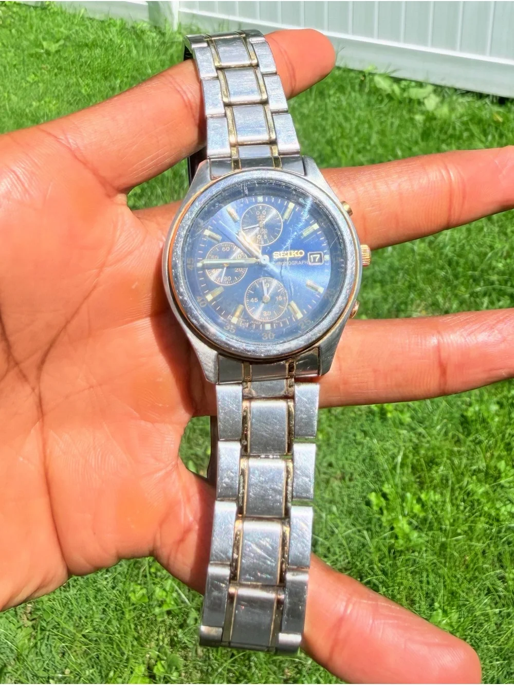Seiko Men's Silver Stainless Steel Chronograph Watch with Blue Dial